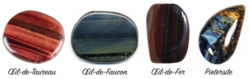 Bull's-eye, hawk's-eye, iron-eye and pietersite placed side by side