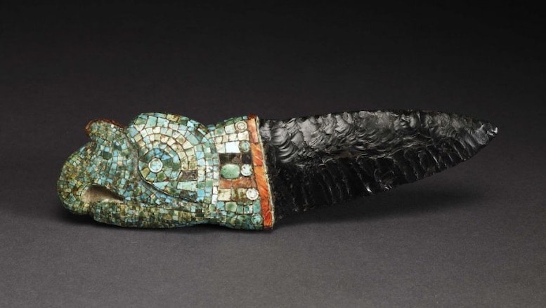 Mixtec knife in turquoise and obsidian