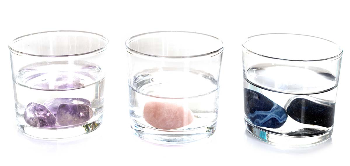 Examples of gem waters: amethyst, rose quartz and sodalite
